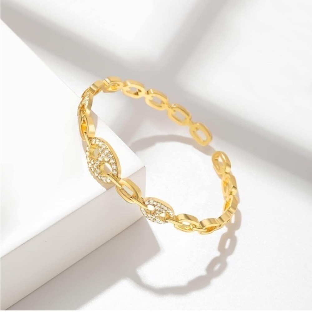 Gold 14k Gold Plated Cubic Zirconia Hollow Cuff Bracelet
